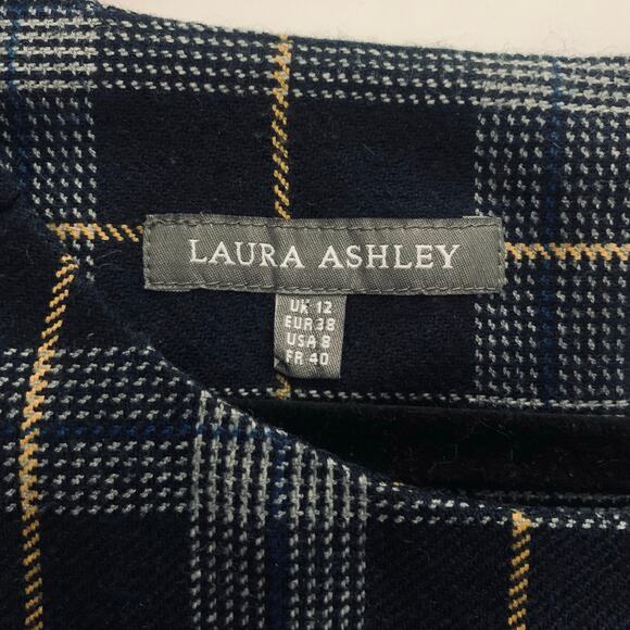 LAURA ASHLEY Dress 8 Shift Plaid Navy Checked Wool Front Pockets Keyhole Closure - Picture 13 of 16